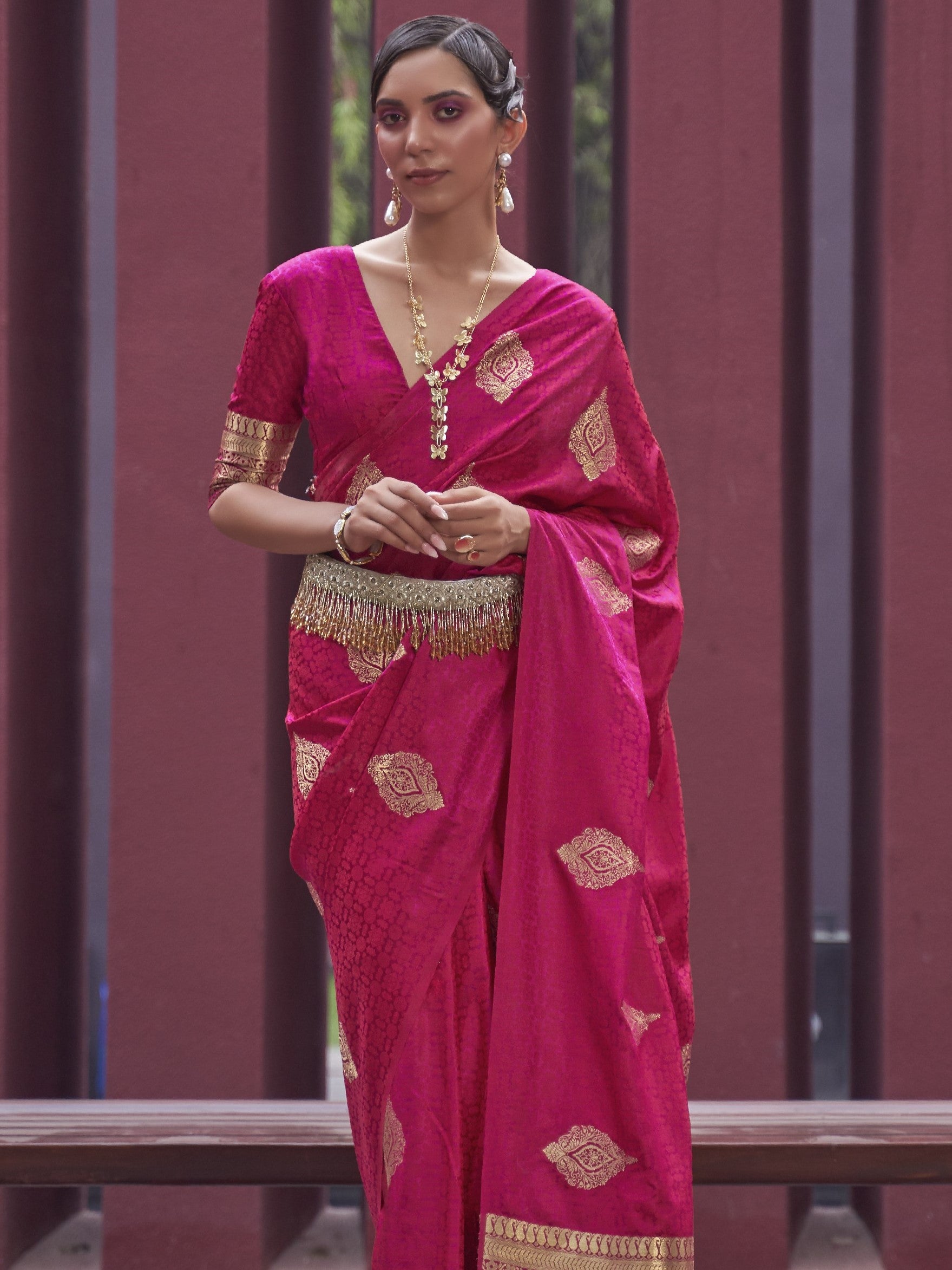 cherry red silk banarasi saree