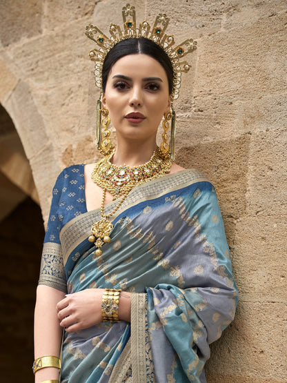 Steel Blue with Multicolor Banarasi Print Soft Silk Saree