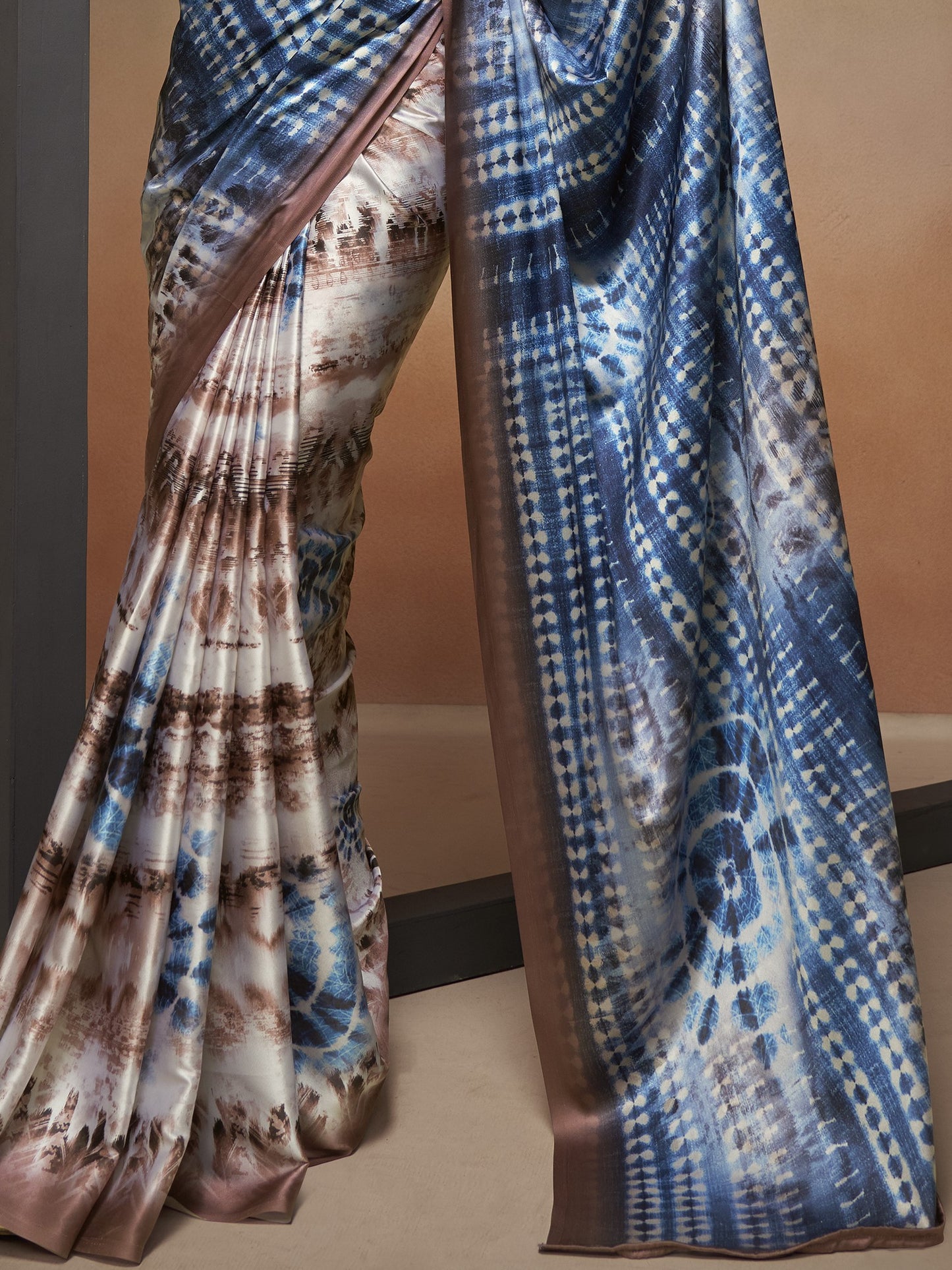 Brown & Blue Satin Silk Printed Saree