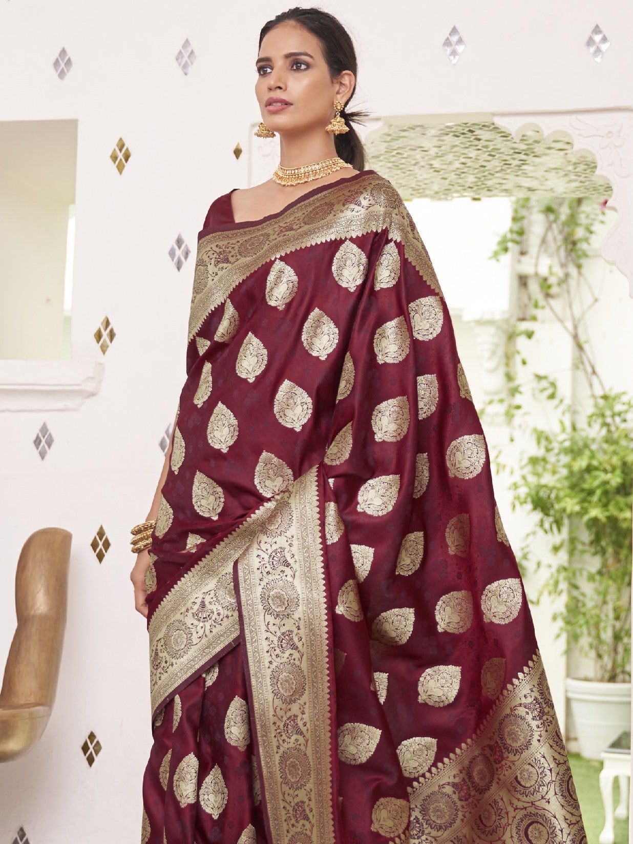 Deep Wine Satin Silk Banarasi Saree