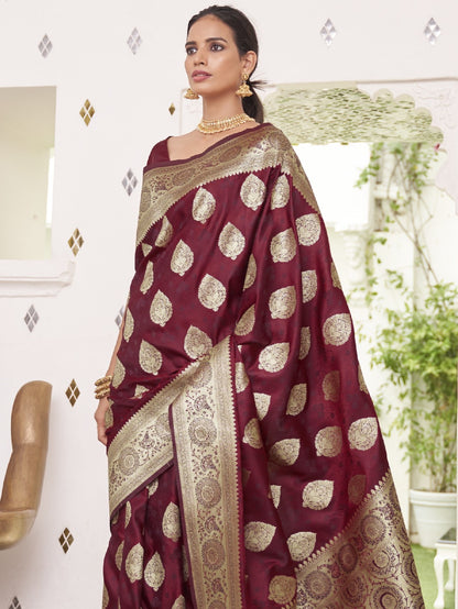 Deep Wine Satin Silk Banarasi Saree