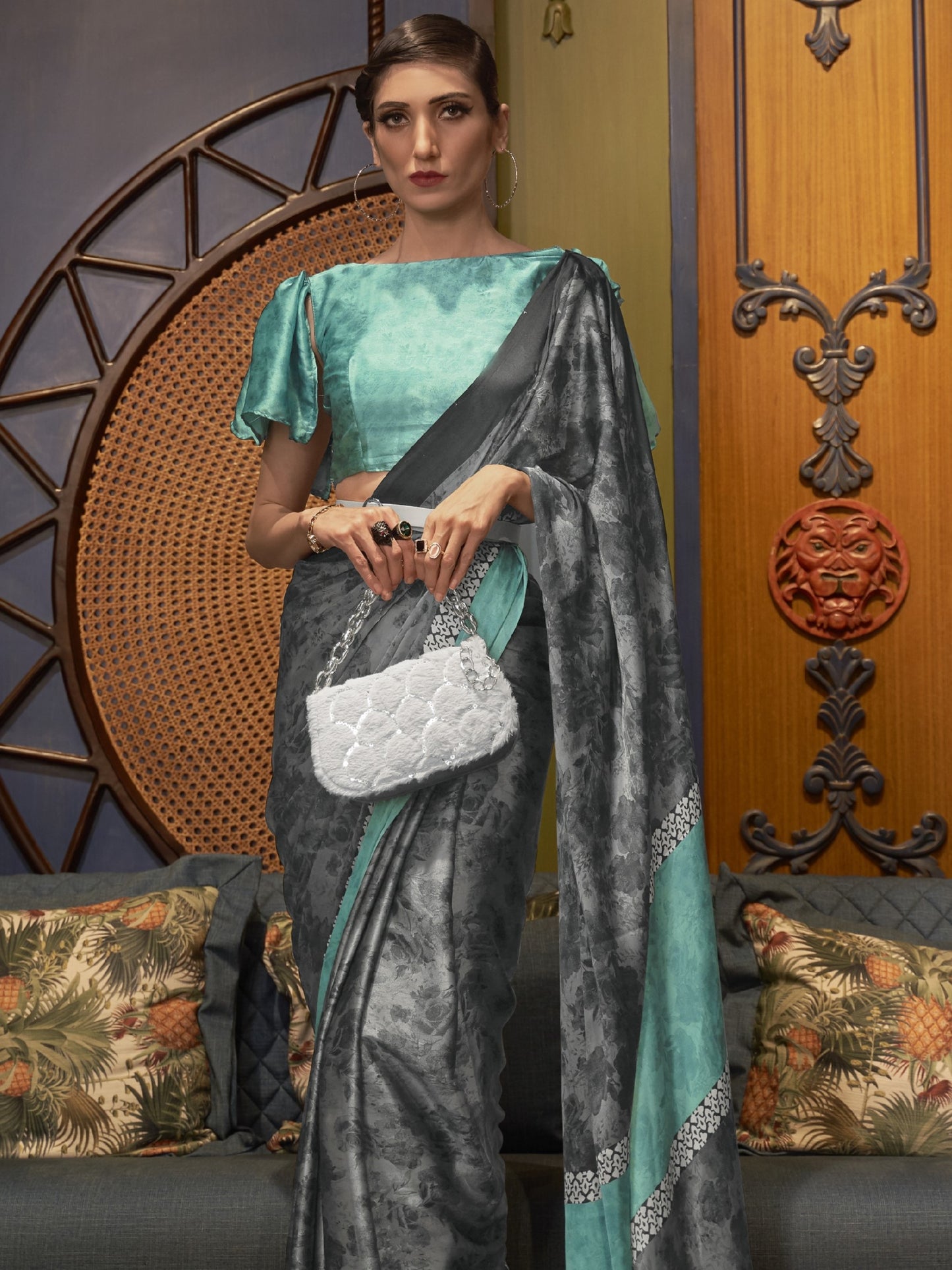 Cloud Gray Satin Silk Printed Saree