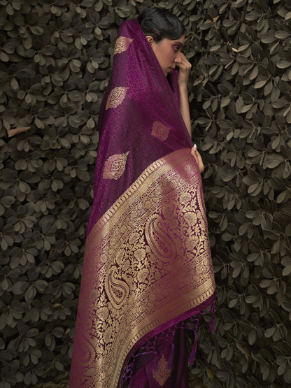 Deep Wine Satin Silk Banarasi Saree