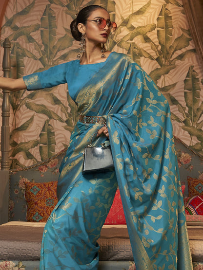 Deep Sky Blue Woven Banarasi saree