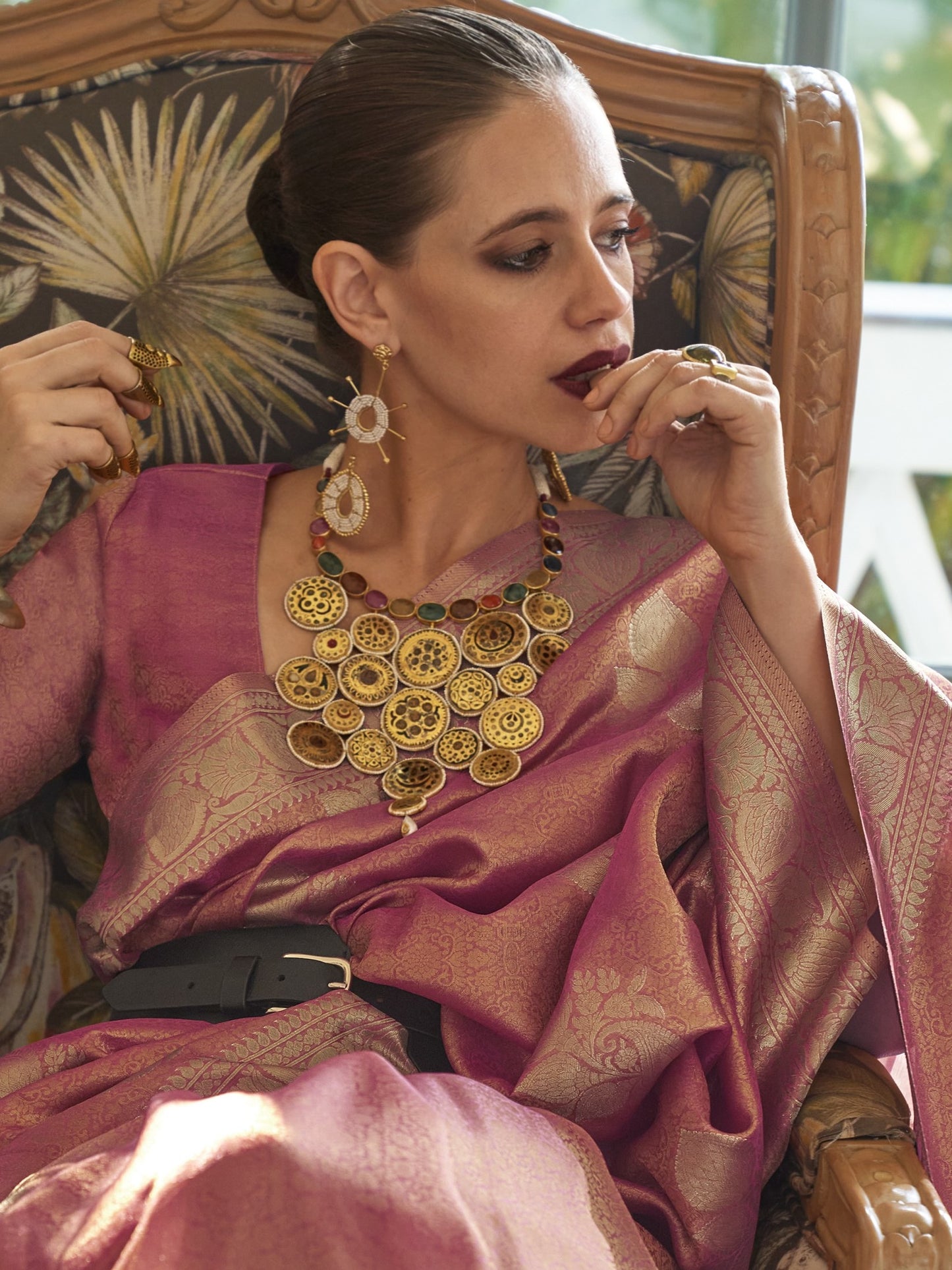 Flamingo Pink Satin Tissue Silk Saree