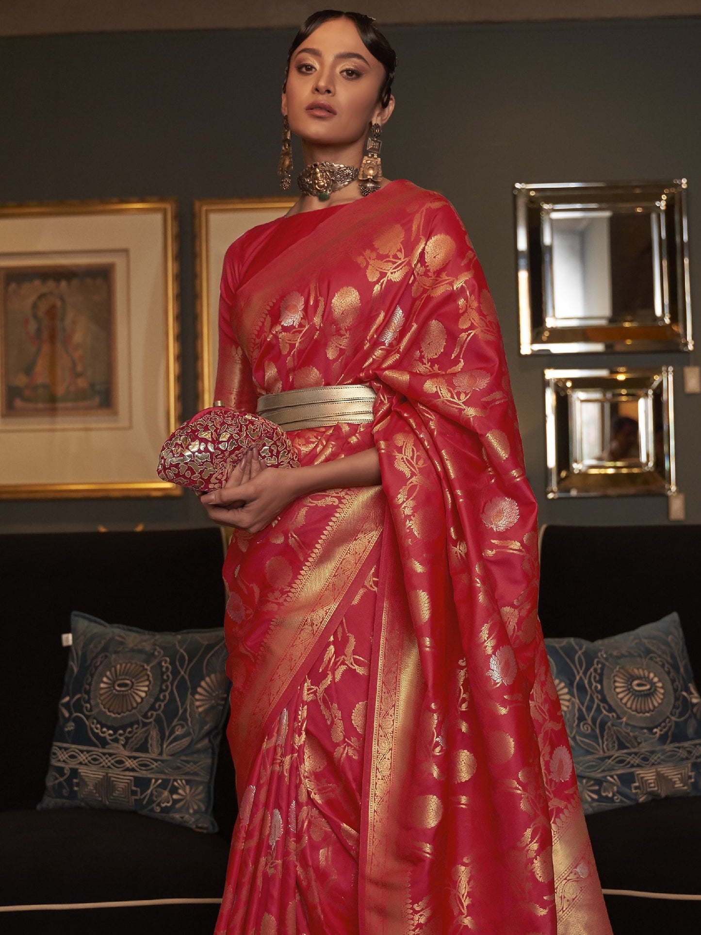 Carmine Red Woven Banarasi Saree