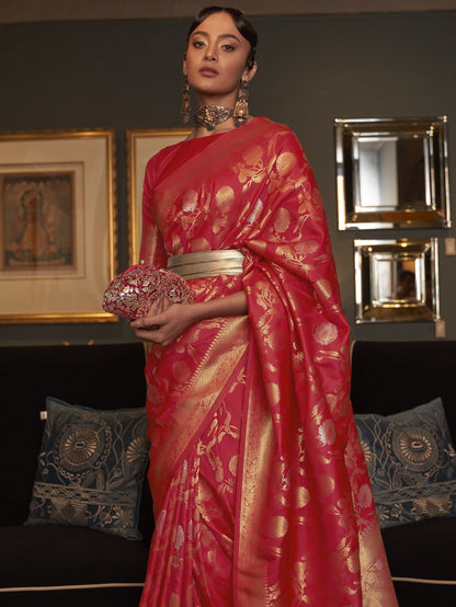 Carmine Red Woven Banarasi Saree
