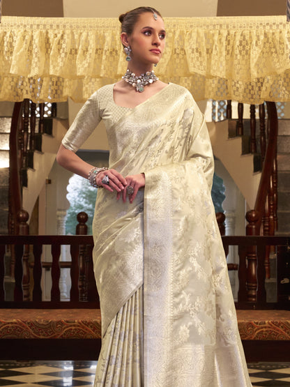Silver White Woven Banarasi Satin Silk Saree
