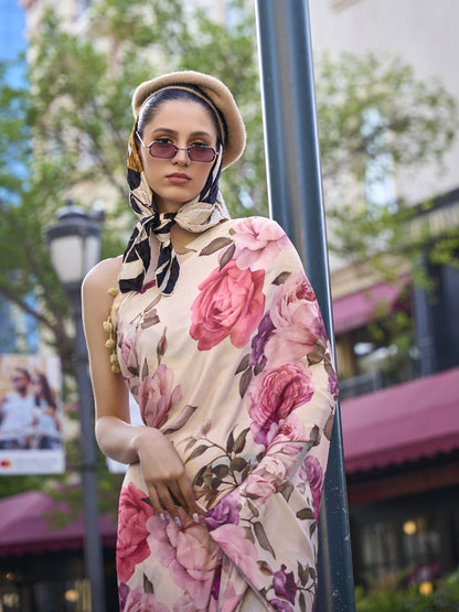Classy Peach Floral Print Crepe Saree