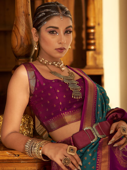 Ocean Blue Woven Banarasi Soft Silk Saree
