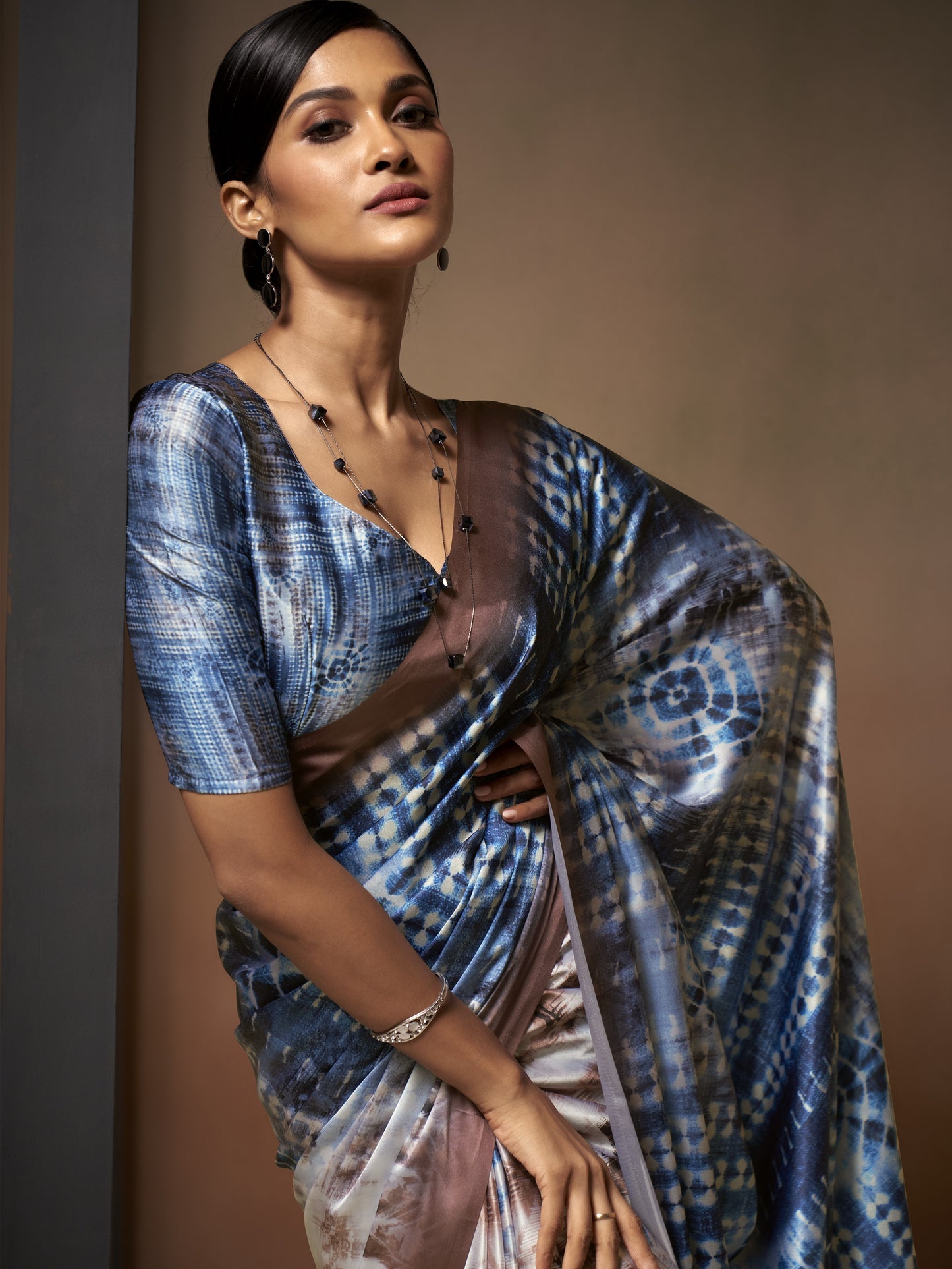 Brown & Blue Satin Silk Printed Saree