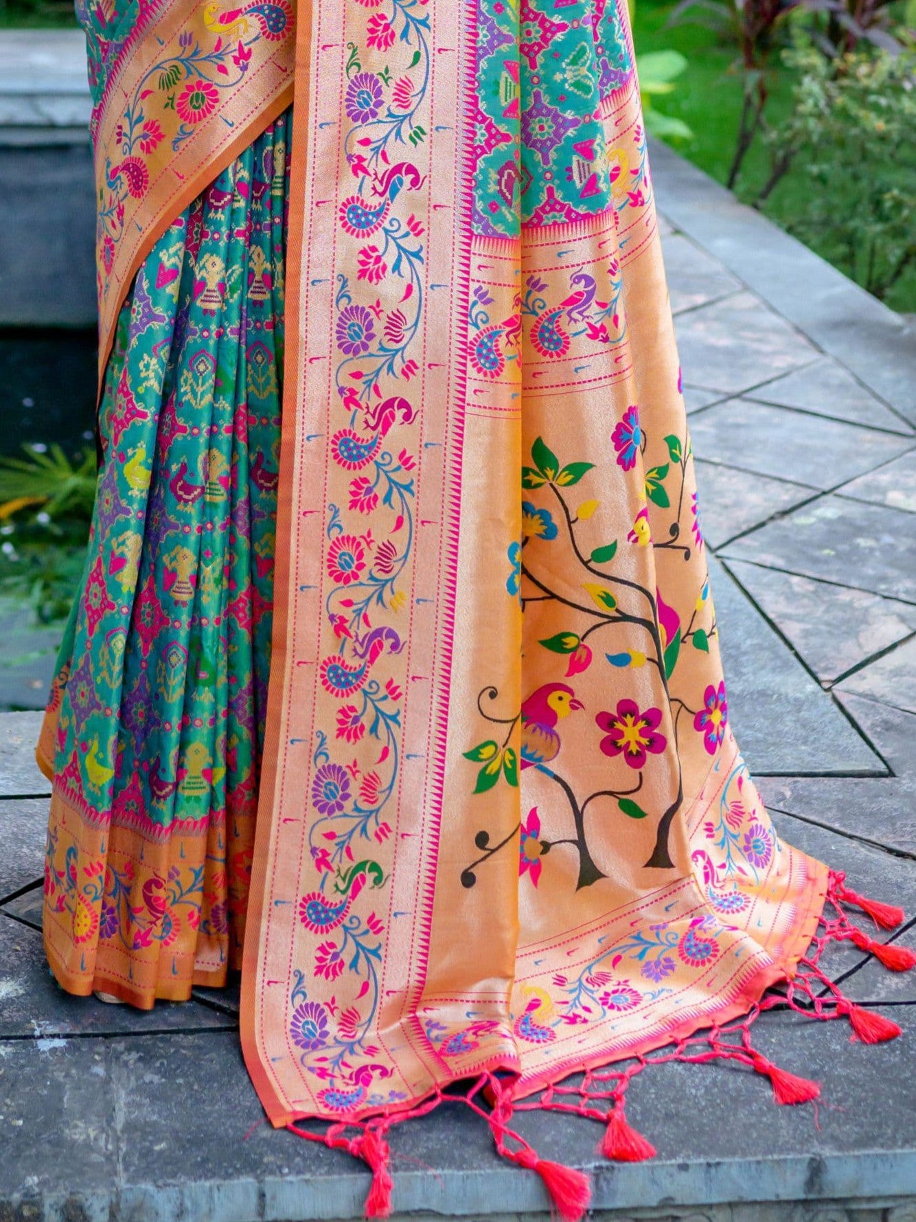 Sea Green & Orange Woven Patola Paithani Silk Saree