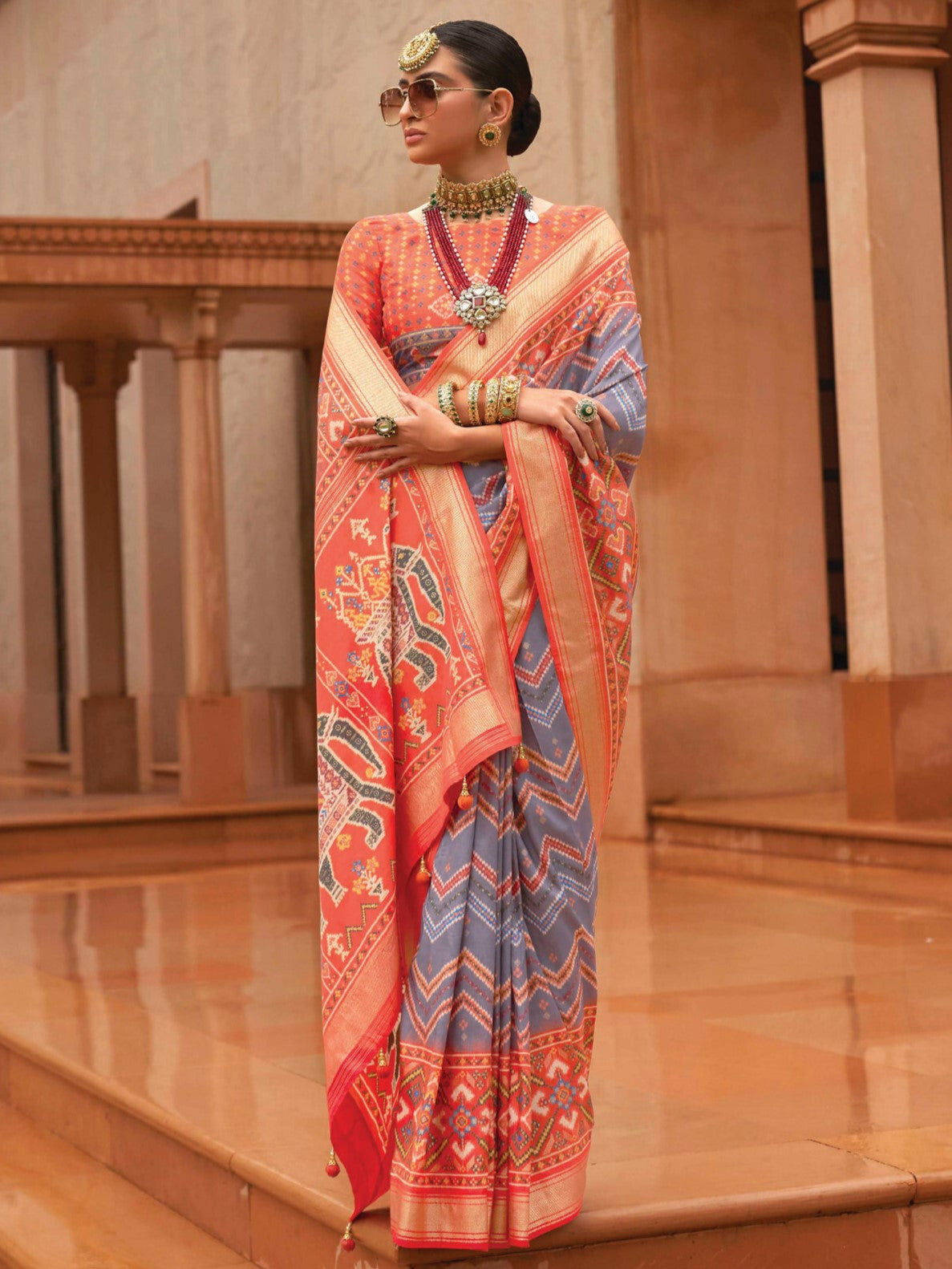 Gray and Orange Patola Saree