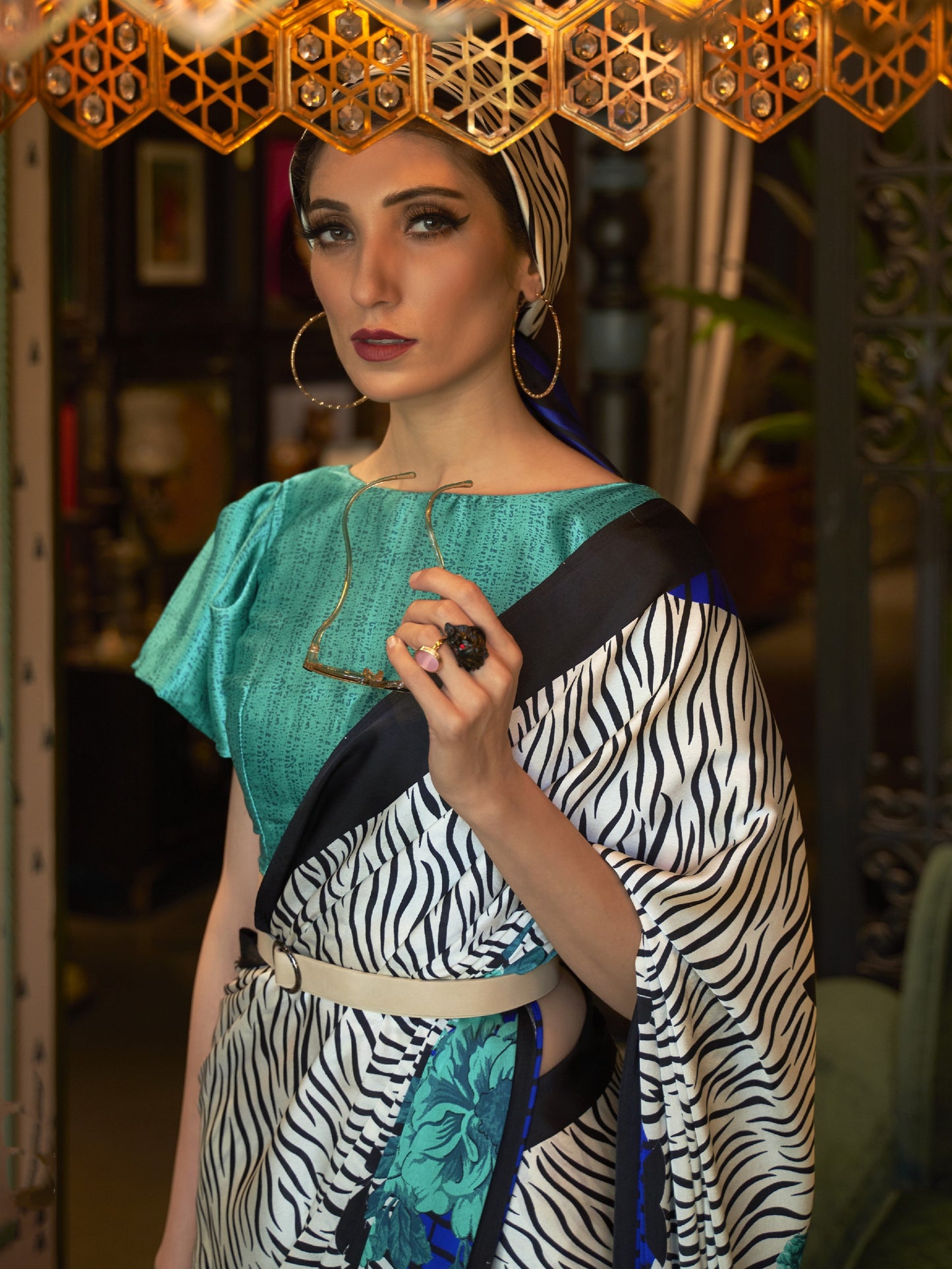 White & Blue Satin Silk Printed Saree