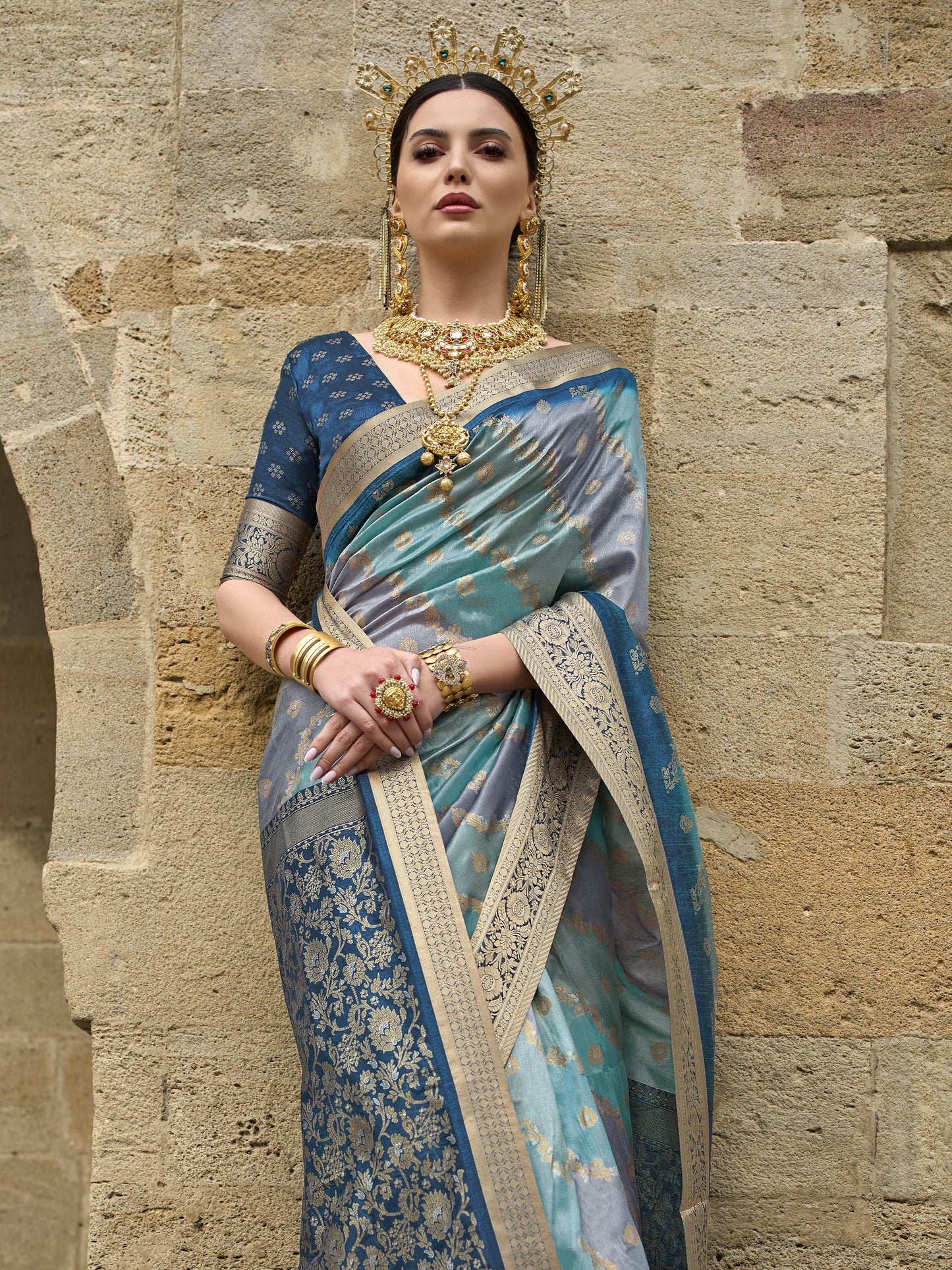 Steel Blue with Multicolor Banarasi Print Soft Silk Saree