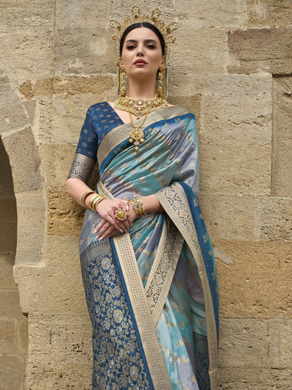 Steel Blue with Multicolor Banarasi Print Soft Silk Saree