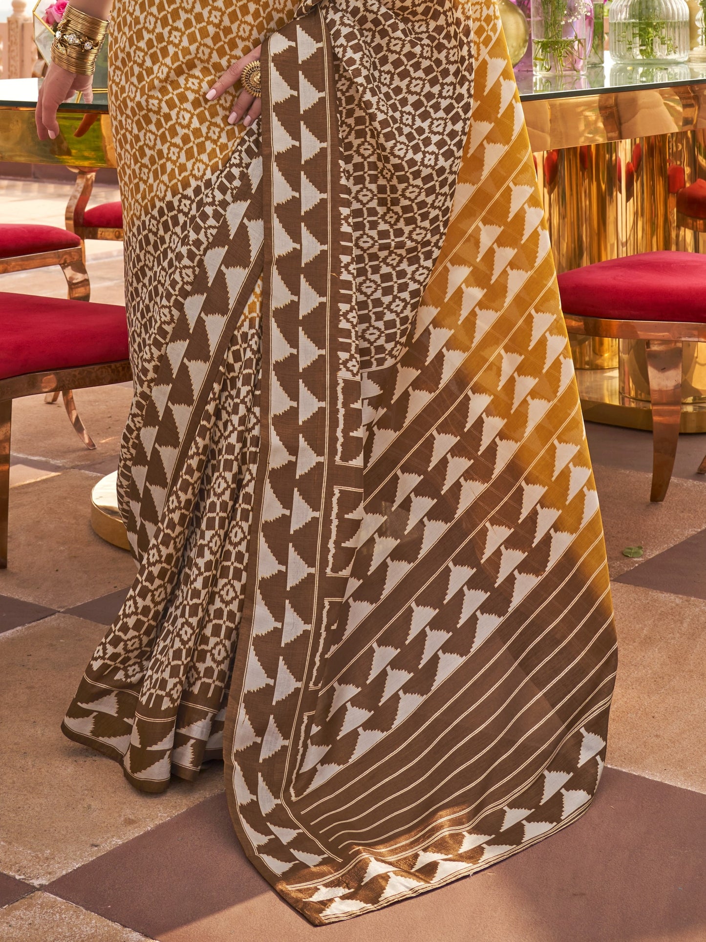 Caramel Brown Printed Patola Silk Saree