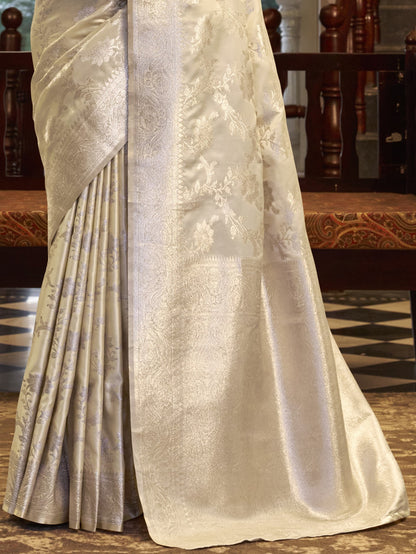 Silver White Woven Banarasi Satin Silk Saree