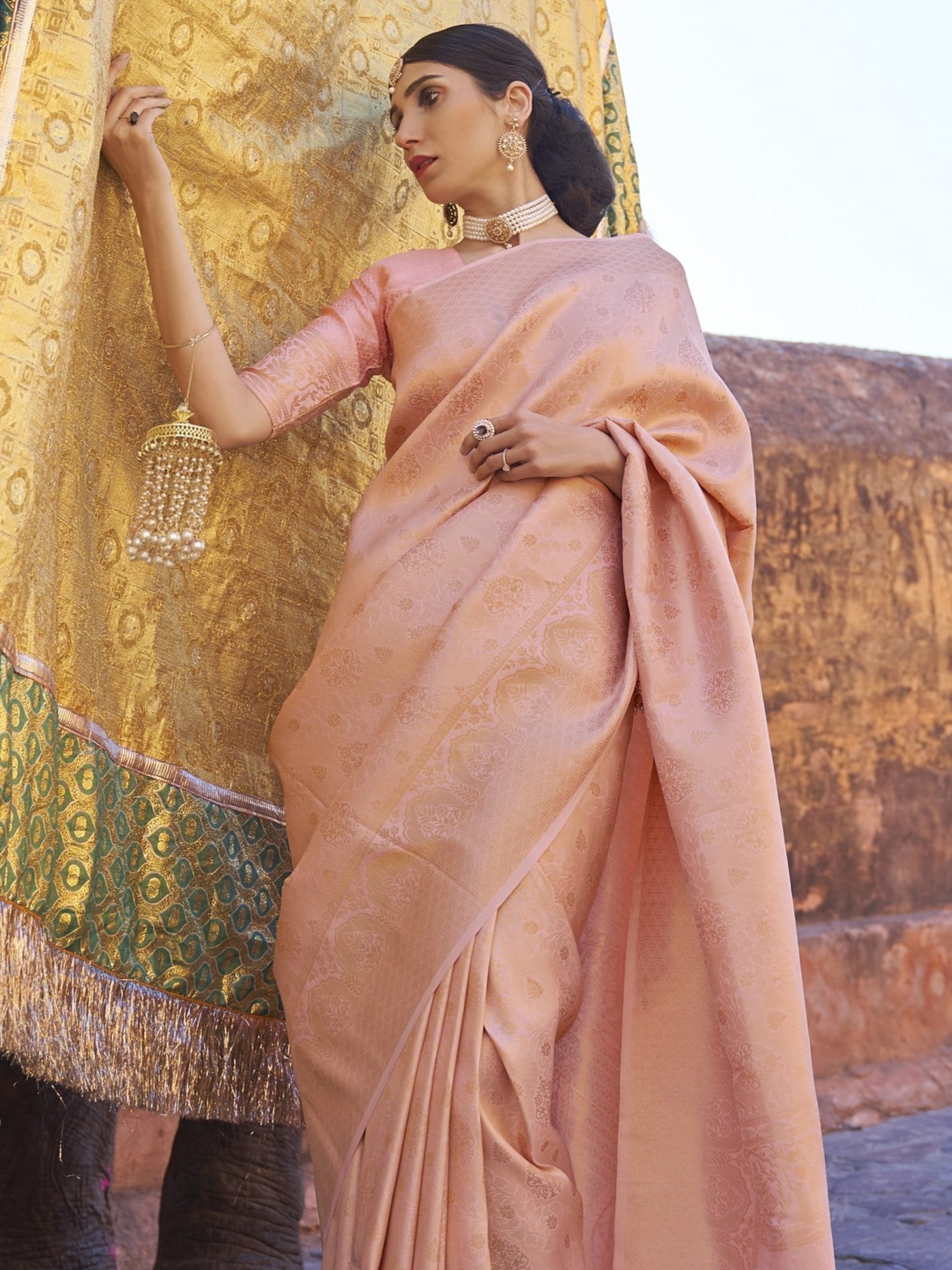 Tan Pink Kanjivaram Saree