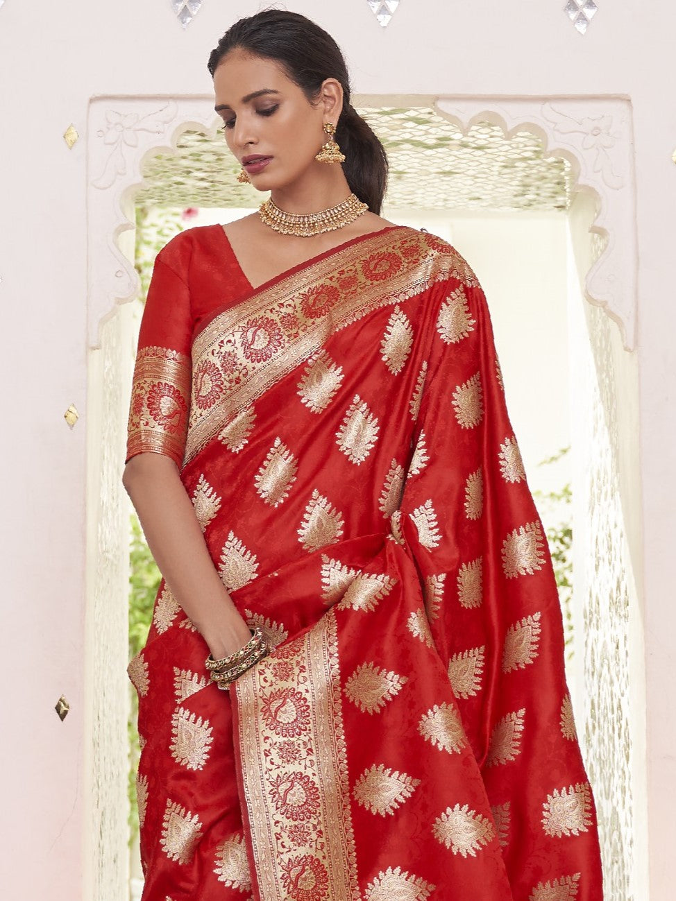 Bridal Red Satin Silk Banarasi Saree
