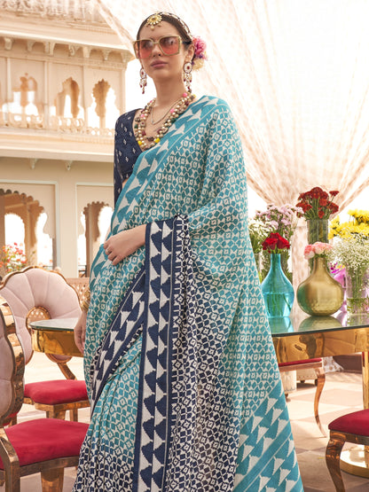 Mineral Blue Printed Patola Silk Saree