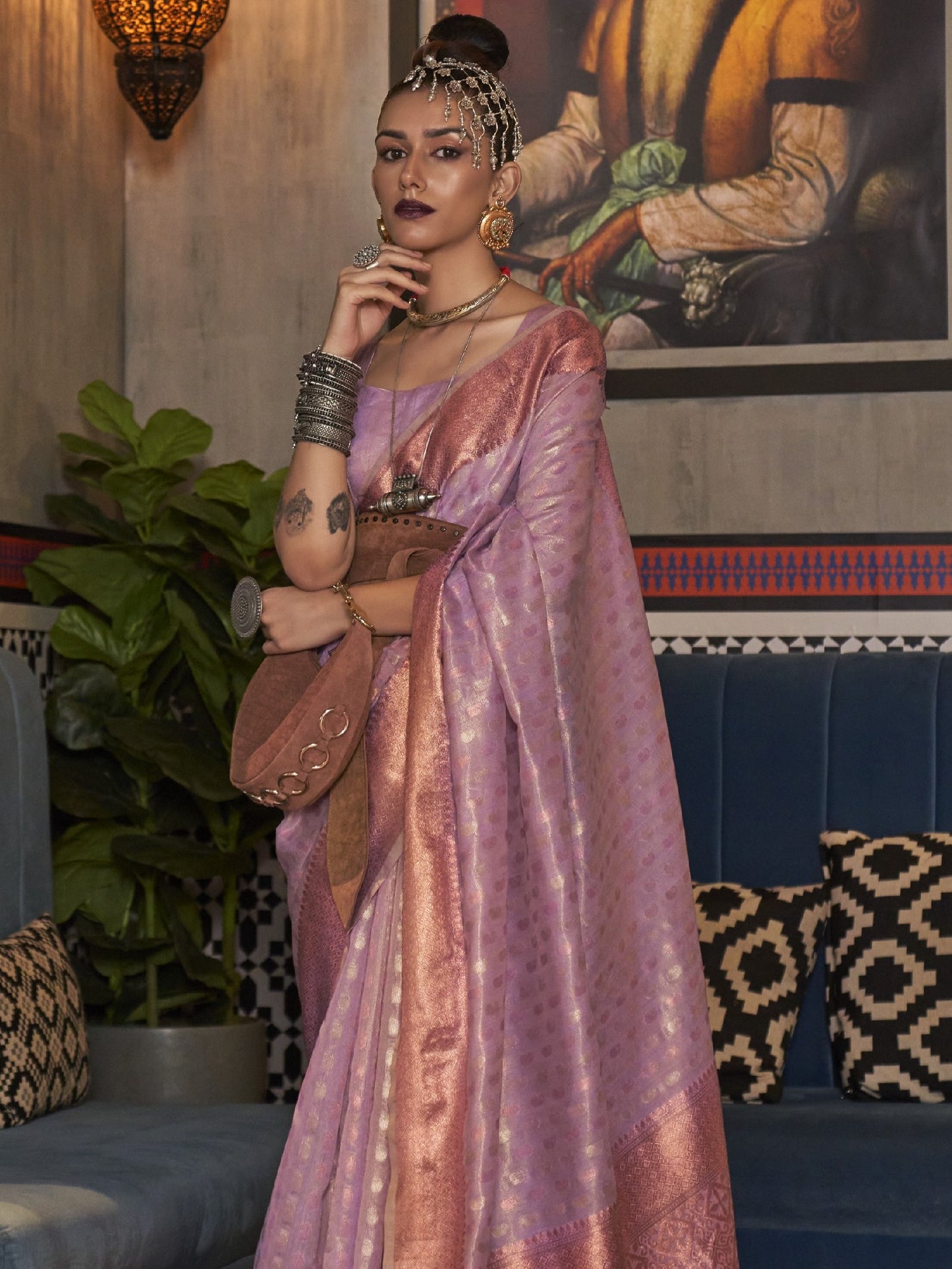 Lavender Pink Tissue Silk Saree