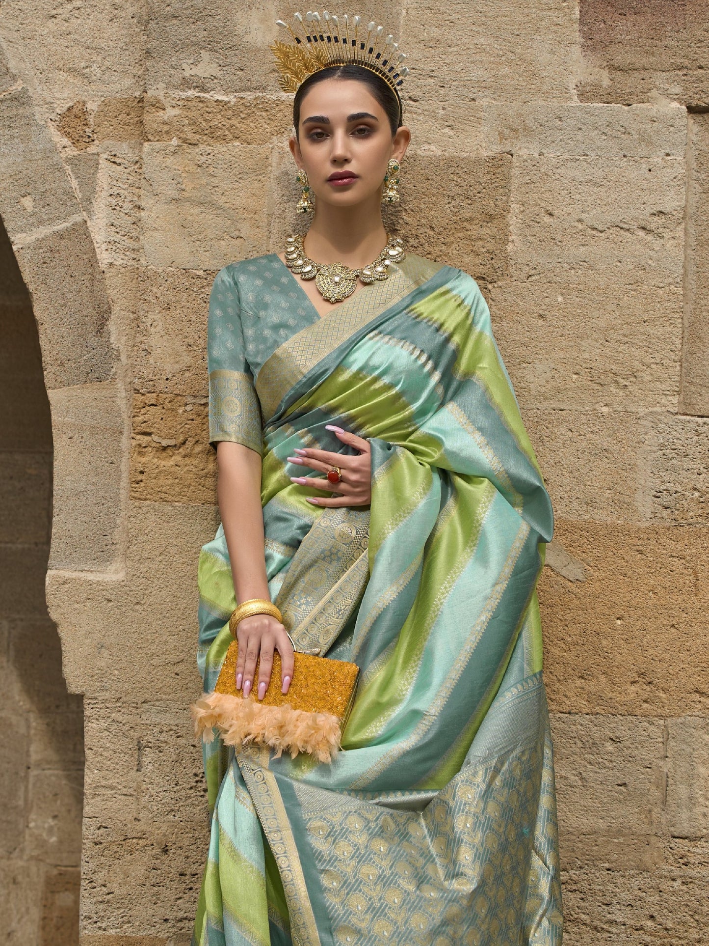 Gray with Multicolor Banarasi Print Soft Silk Saree