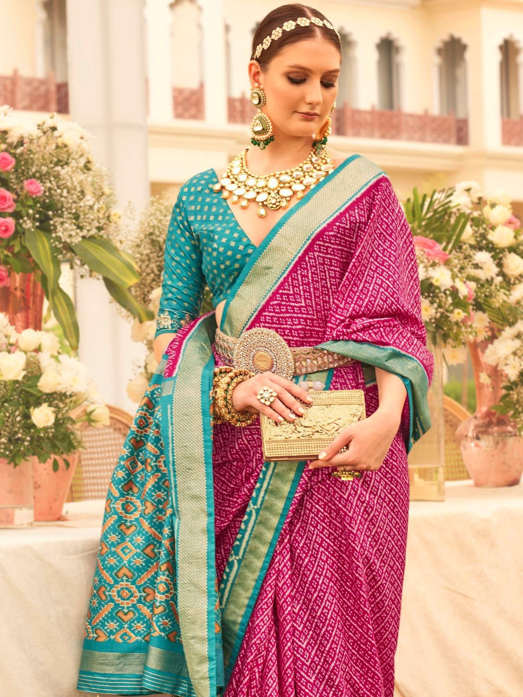 Magenta and Sky Blue Patola Saree