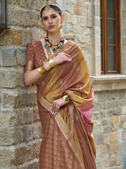 Mustard Brown with Yellow Banarasi Print Soft Silk Saree