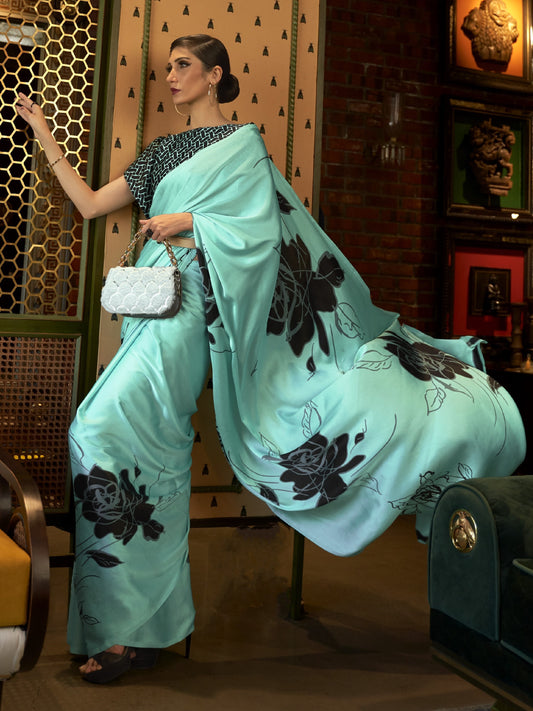Pastel Cyan Satin Silk Printed Saree