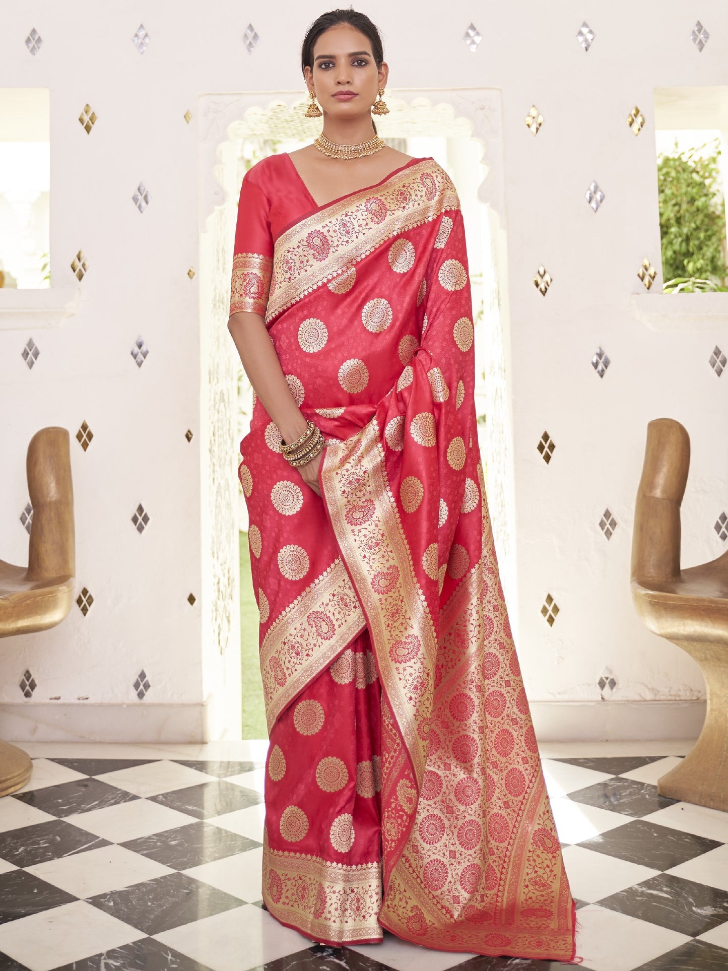 Blush Pink Satin Silk Banarasi Saree