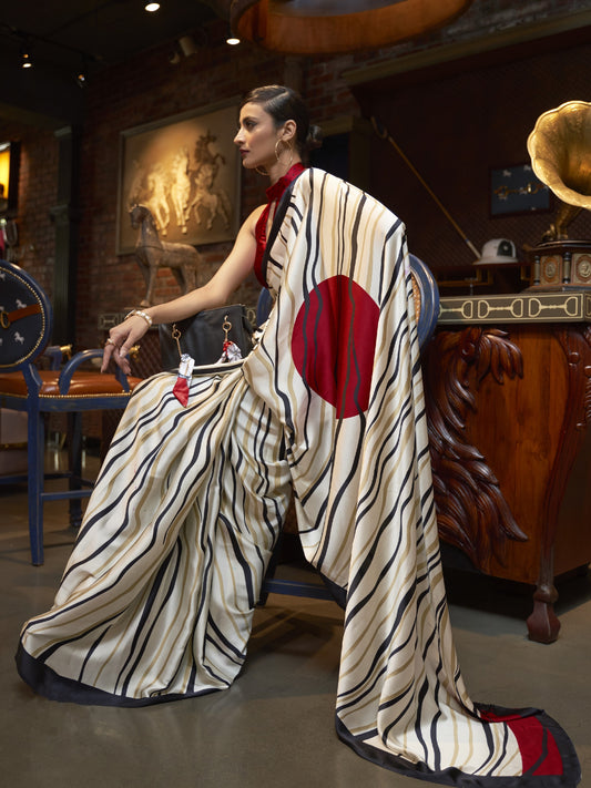 White & Red Satin Silk Printed Saree