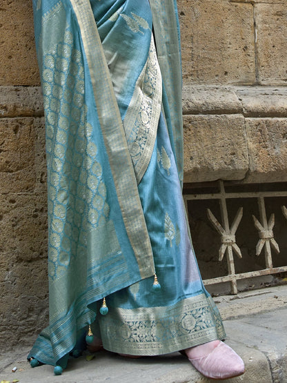 Azure Blue Banarasi Print Soft Silk Saree