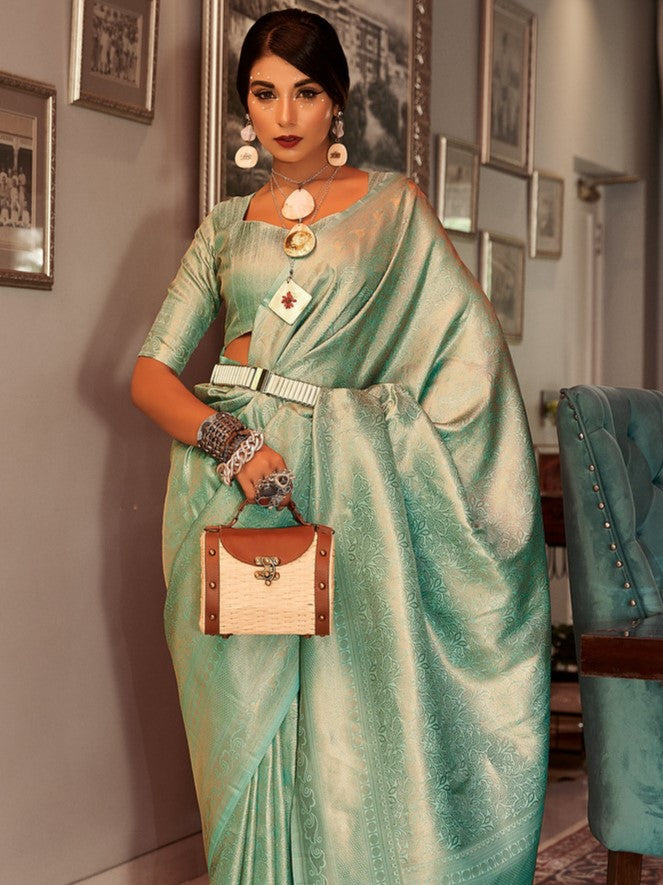Glass Turquoise Woven Kanjivaram Saree