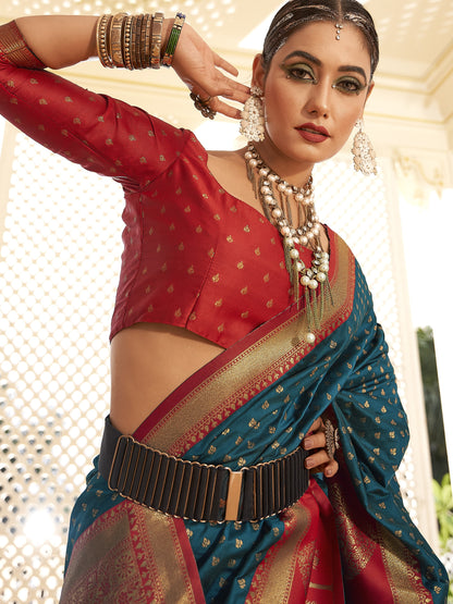 Vivid Blue Woven Banarasi Soft Silk Saree