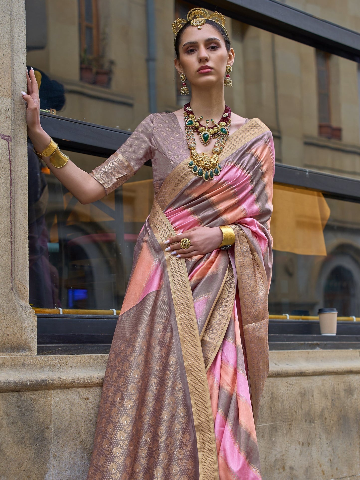 Rose Brown with Multicolor Banarasi Print Soft Silk Saree