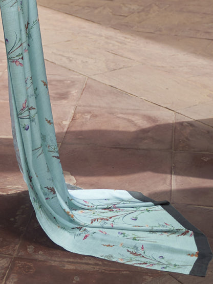 Soft Blue Digital Print Satin Crepe Saree