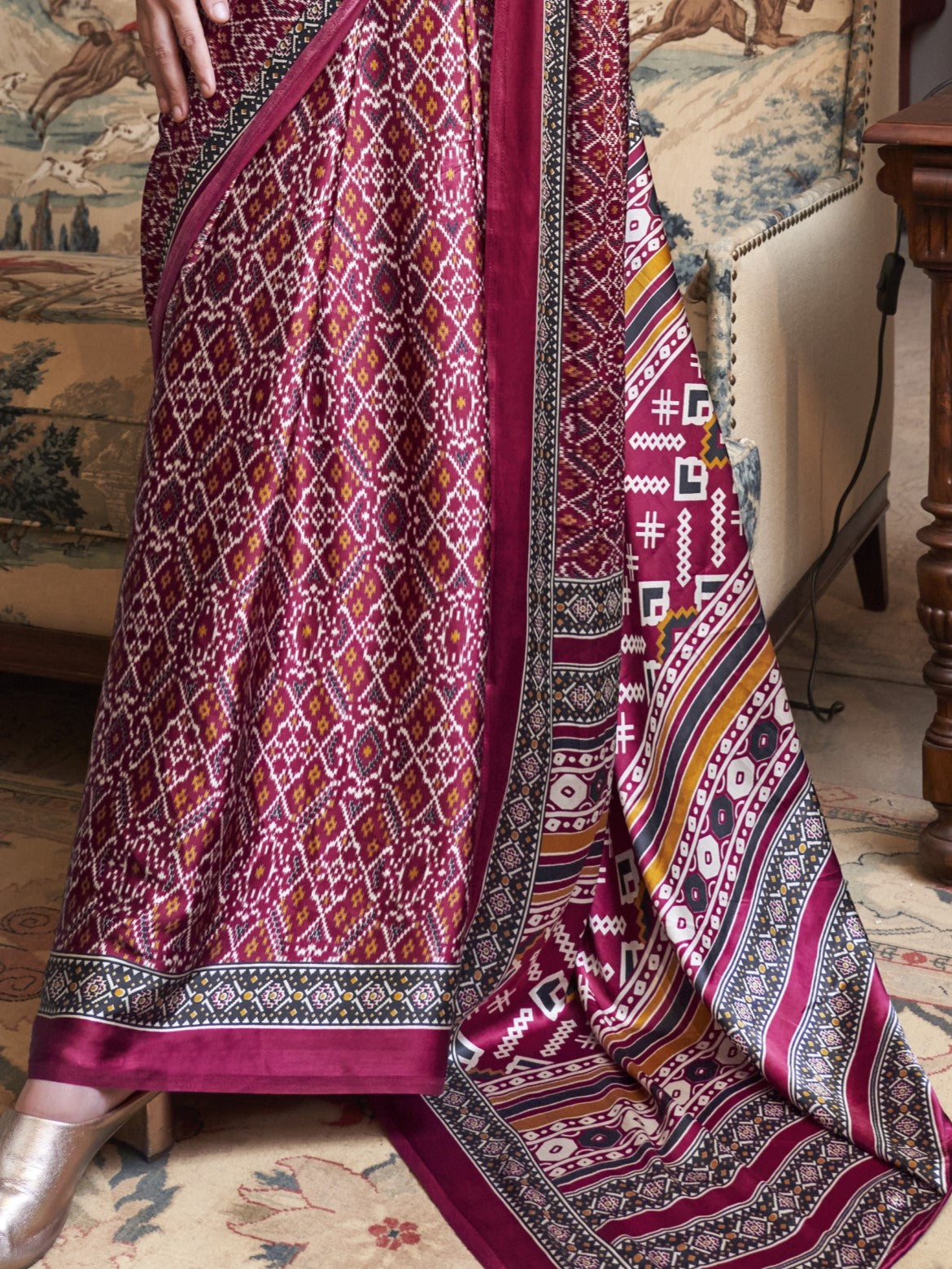 Unique Red Patola Print Satin Crepe Silk Saree
