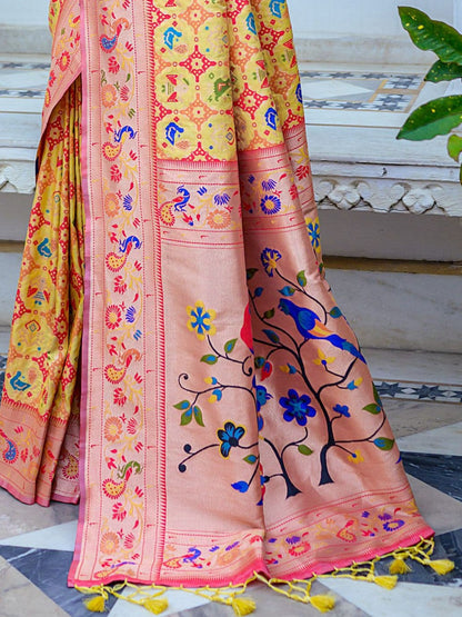 Yellow & Peach Woven Patola Paithani Silk Saree
