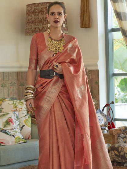 Salmon Red Satin Tissue Silk Saree