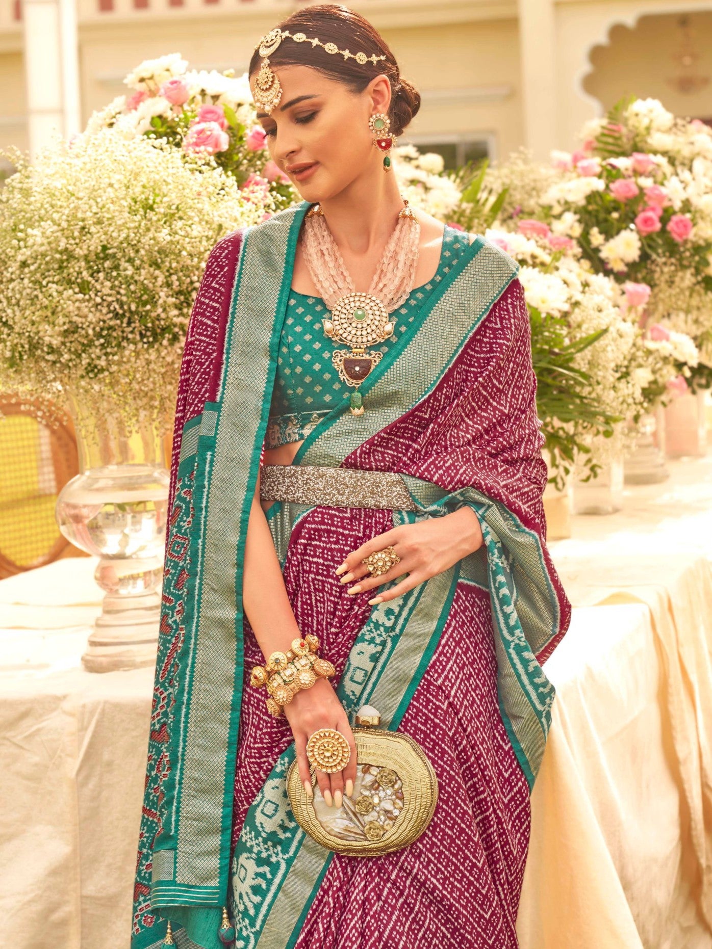 Magenta and Teal Patola Saree
