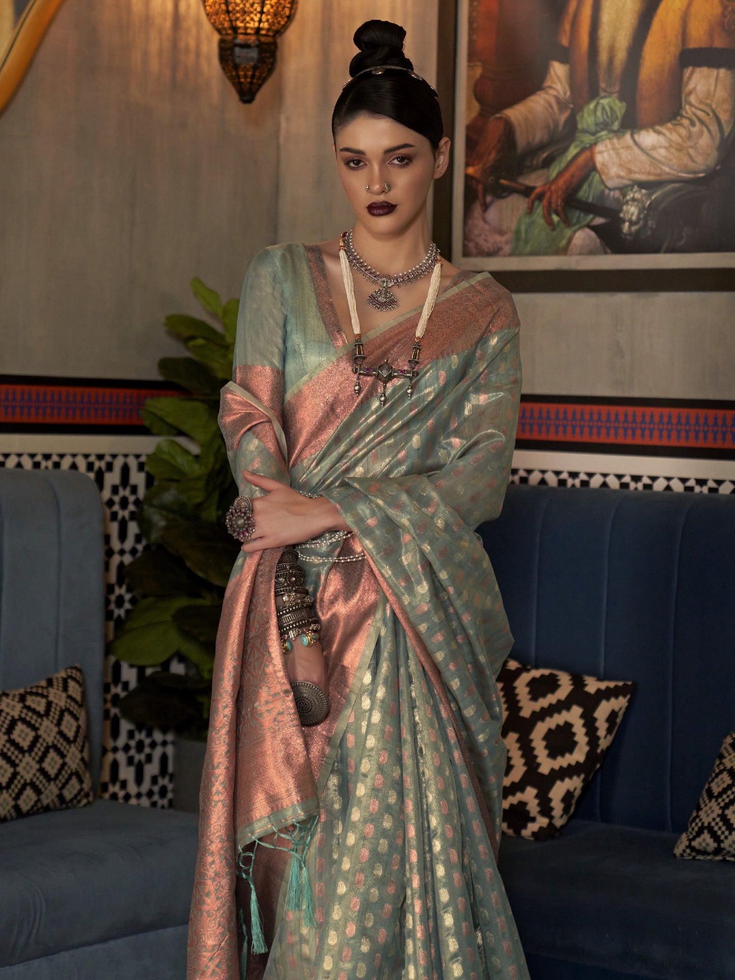 Sage Gray Tissue Silk Saree