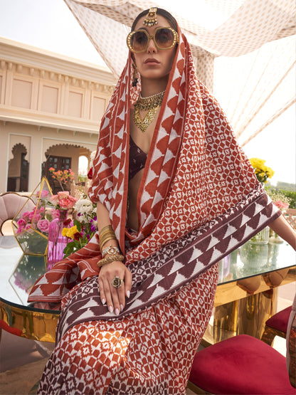 Brick Brown Printed Patola Silk Saree