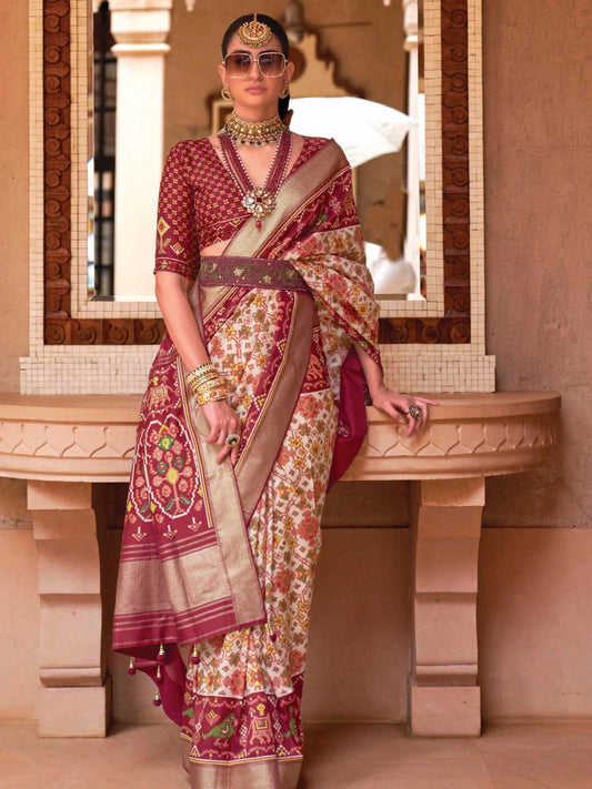 White and Brown Patola Saree