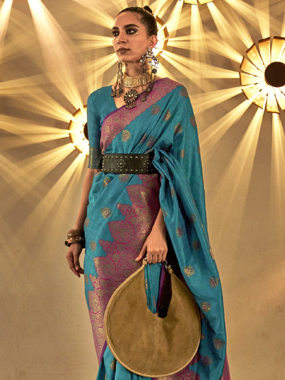 Deep Sky Blue Woven Banarasi Saree