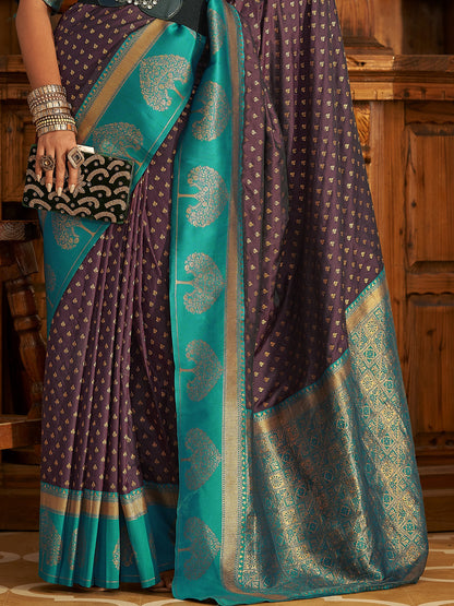 Coffee Maroon Woven Banarasi Soft Silk Saree