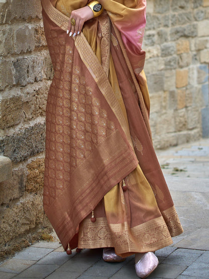 Mustard Brown with Yellow Banarasi Print Soft Silk Saree