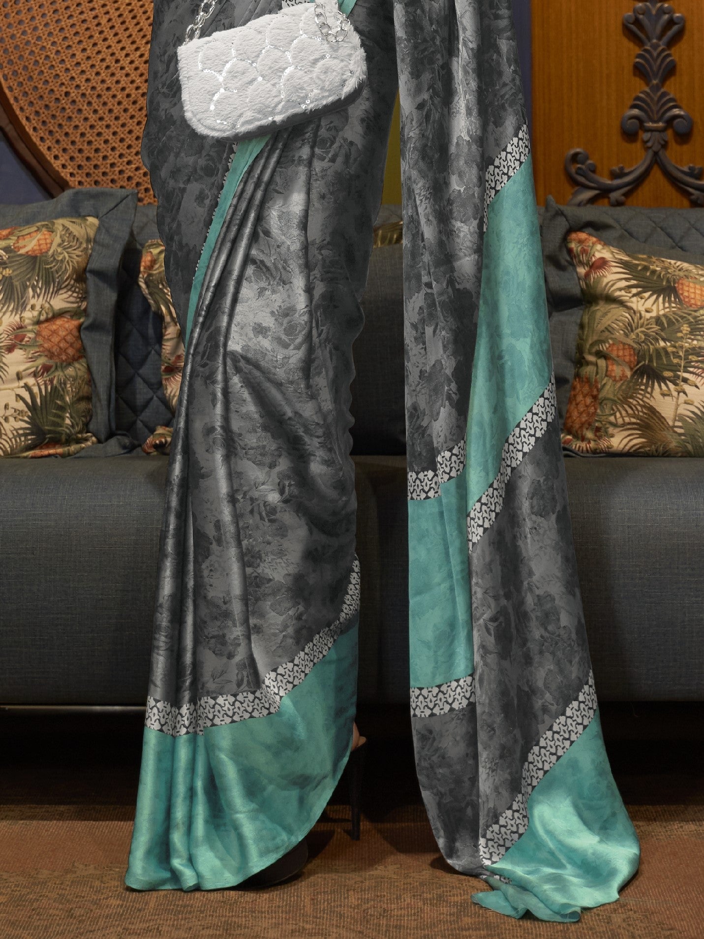 Cloud Gray Satin Silk Printed Saree