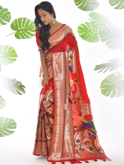 Candy Red Woven Paithani Saree