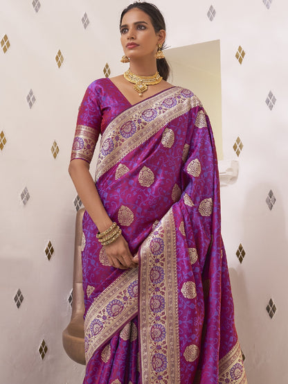 Daffodil Purple Satin Silk Banarasi Saree